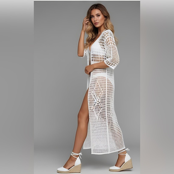 White Long Drop Shoulder Open Knit Bathing Suit Cover Up - Picture 3 of 6